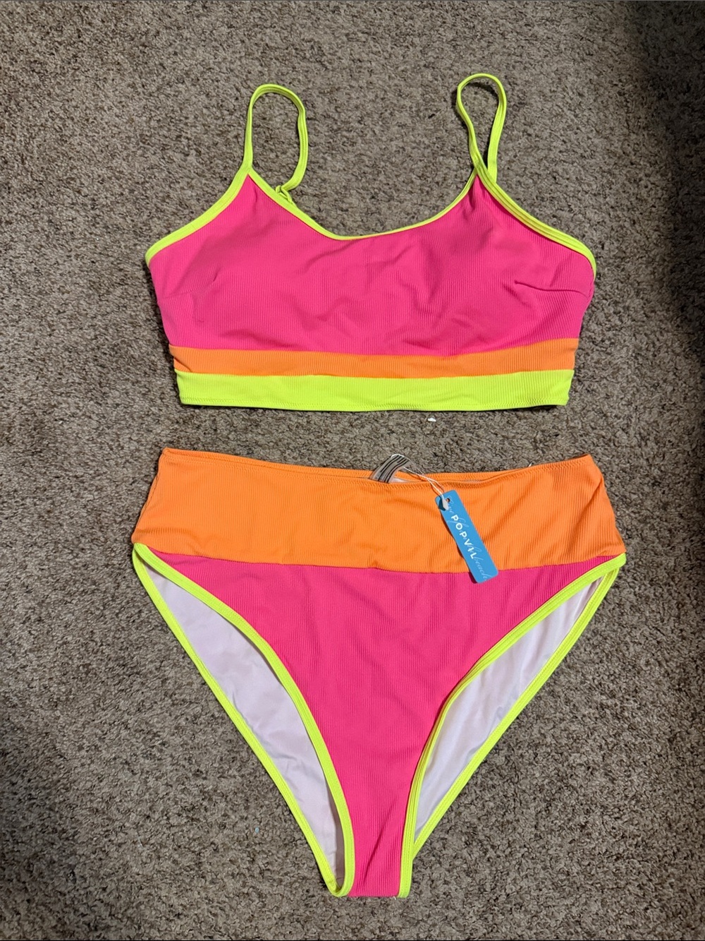 High-Waist Colorblock Bikini Set in Neon Pink & Orange